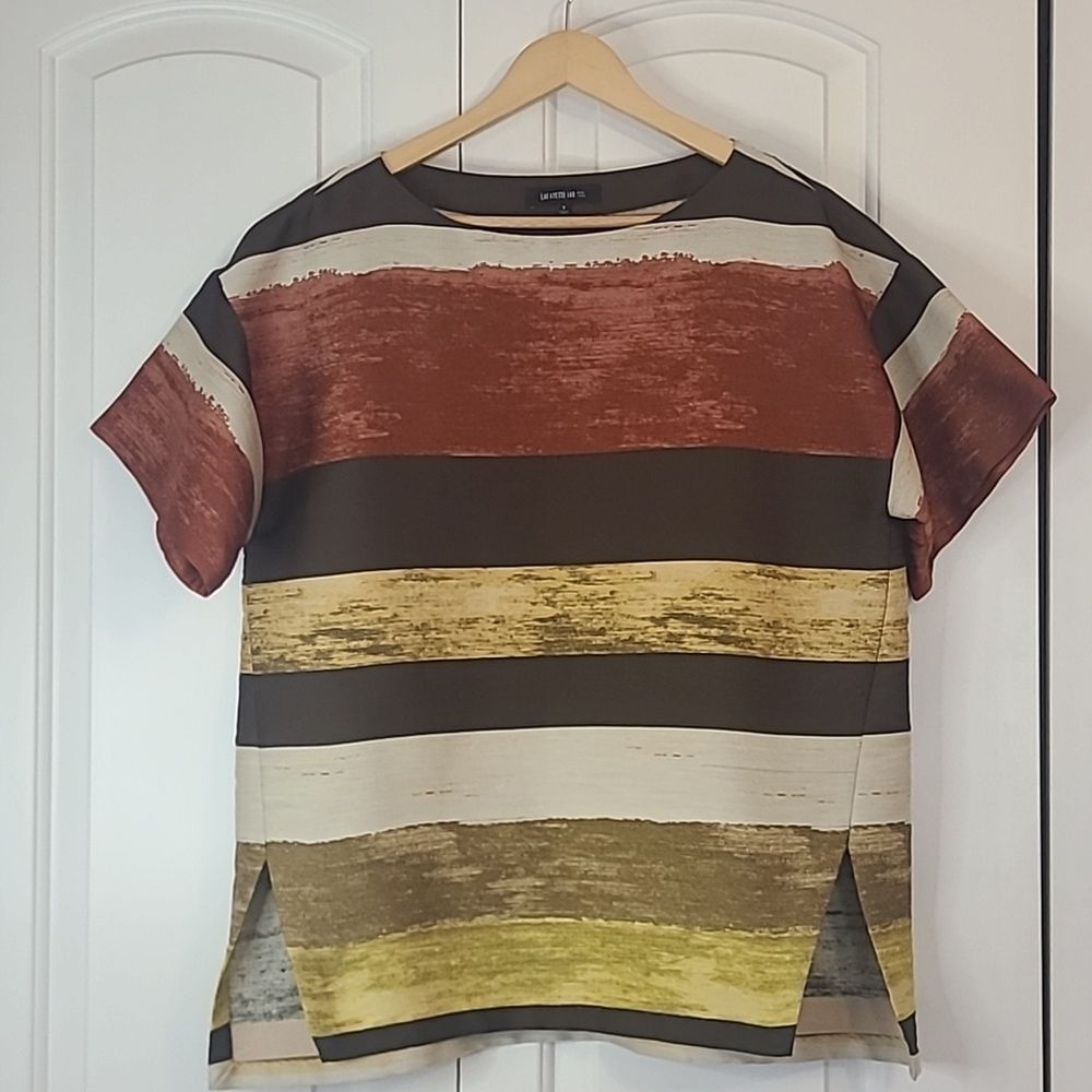 Lafayette 148 Shirt Top Copper Brown  Multicolor Stripe Silk Blend Size S